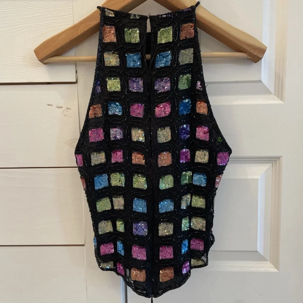 VTG Laurence Kazar Silk Multicolor Sequin Beaded Halter Top Medium 80's - Picture 4 of 15